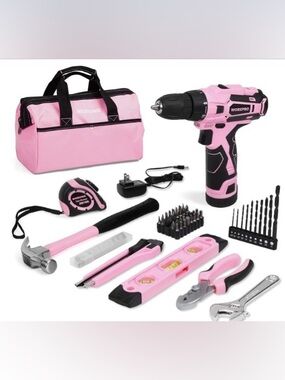 WORKPRO 61-Piece Pink 12V Cordless Drill Driver & Home Tool Set with Storage Bag